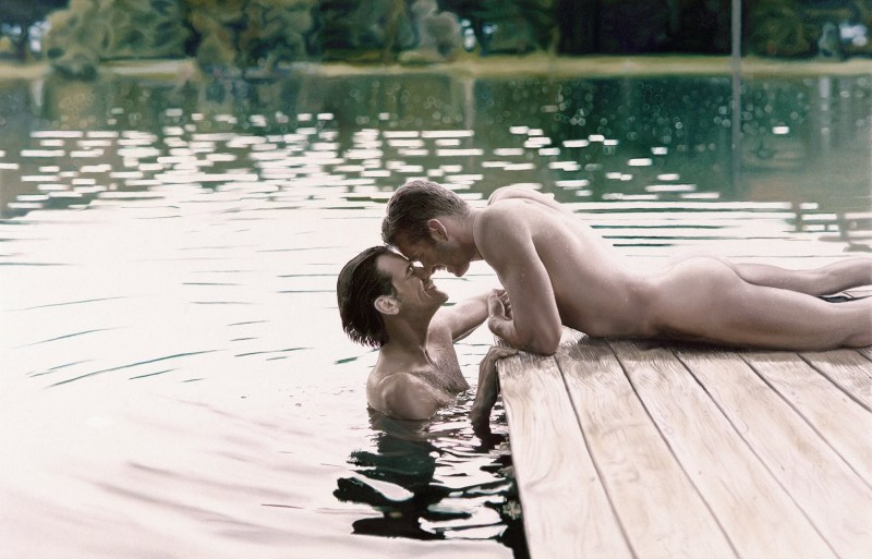 Naked guys bathing in the snow