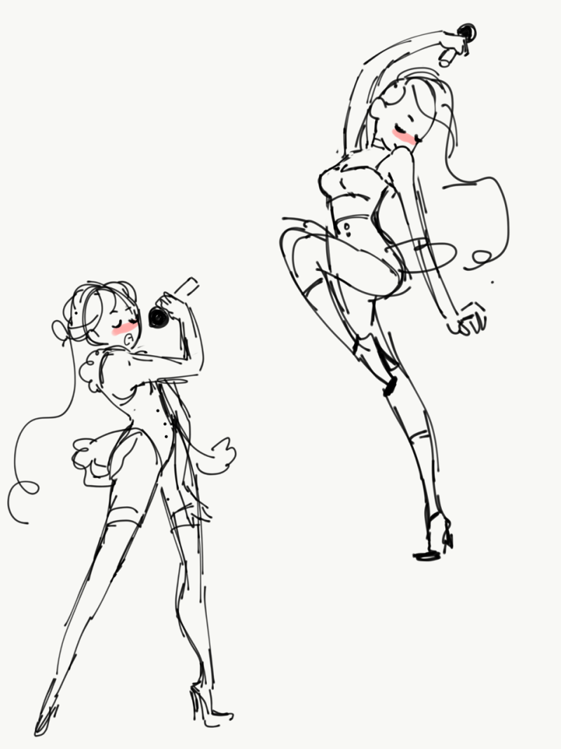 Poses with a microphone reference