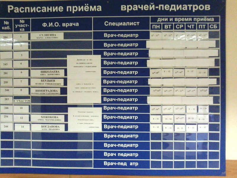 Pediatrician schedule in a children's clinic