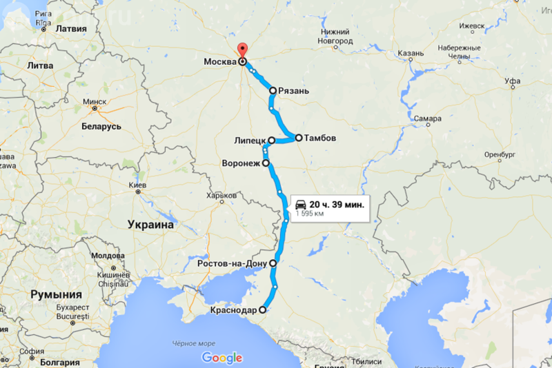 Route Moscow Krasnodar by car on the map