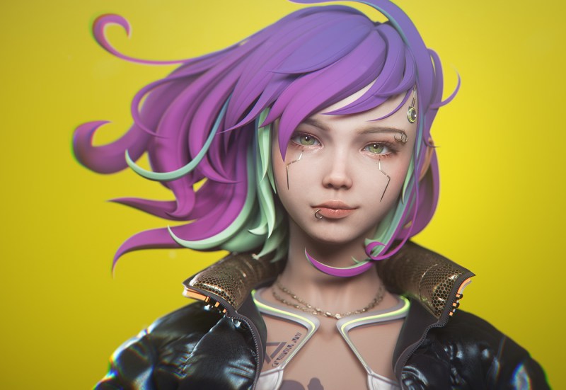 Cyberpank girl with purple hair
