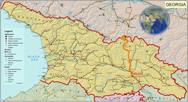 Kazbek on the map of Georgia