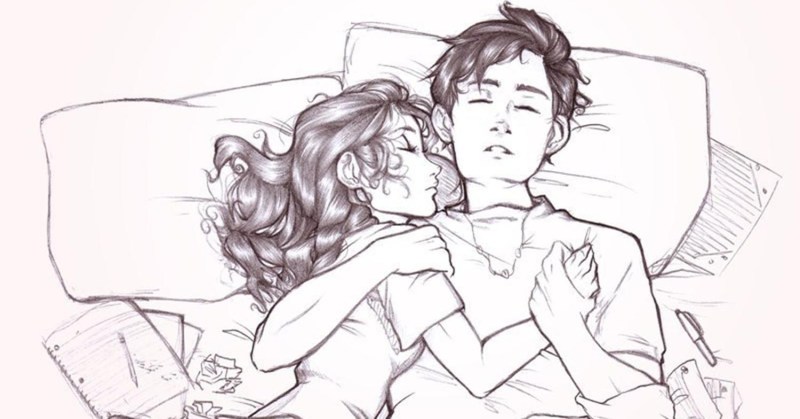 A guy with a girl in bed drawing