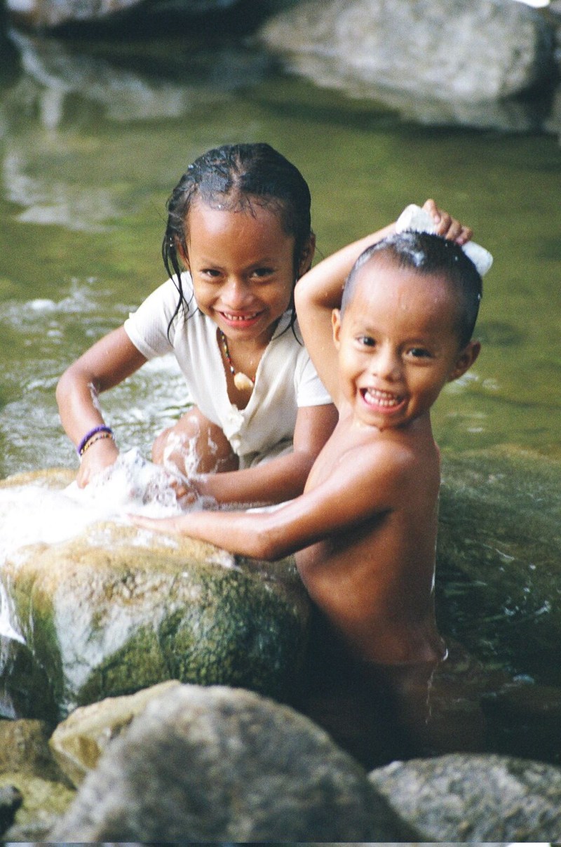 Bathing of children 7 years old in the bathroom