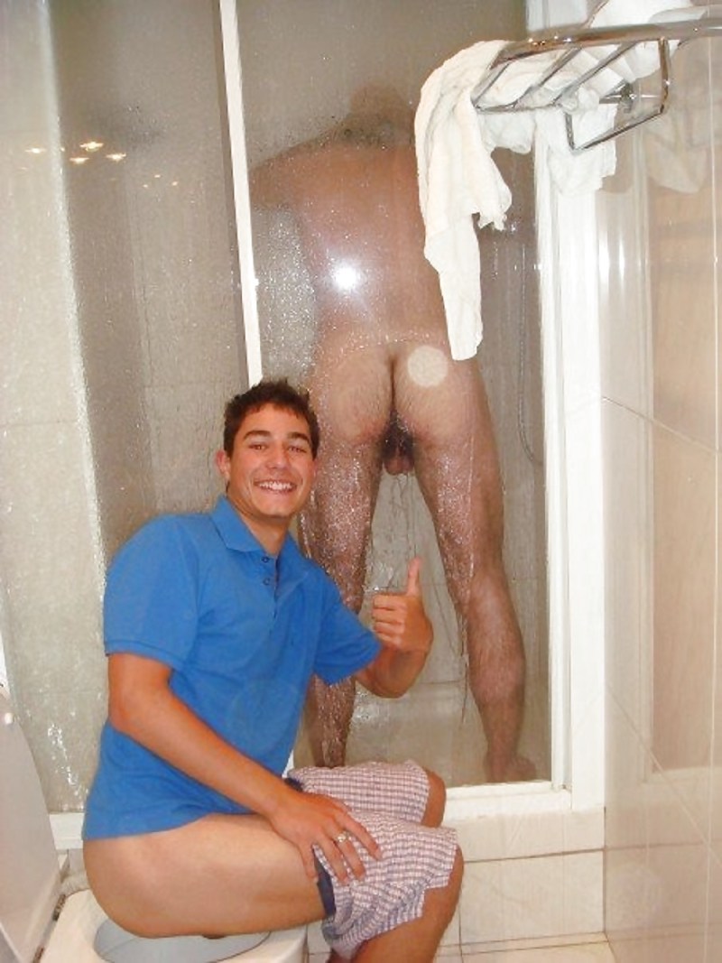 Naked hairy men in the locker room