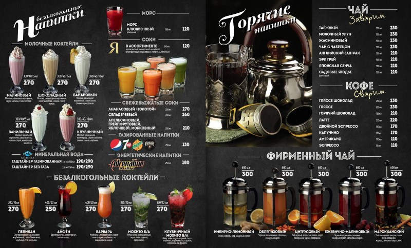 Menu of non -alcoholic beverages