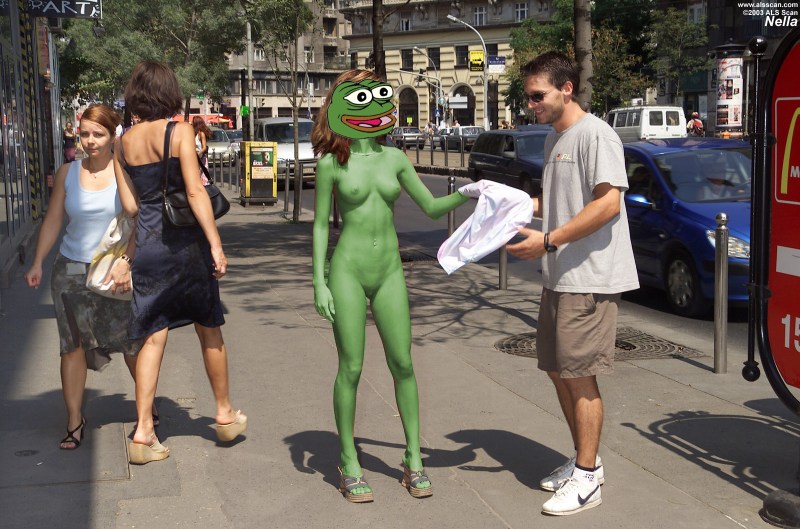 Naked woman among dressed