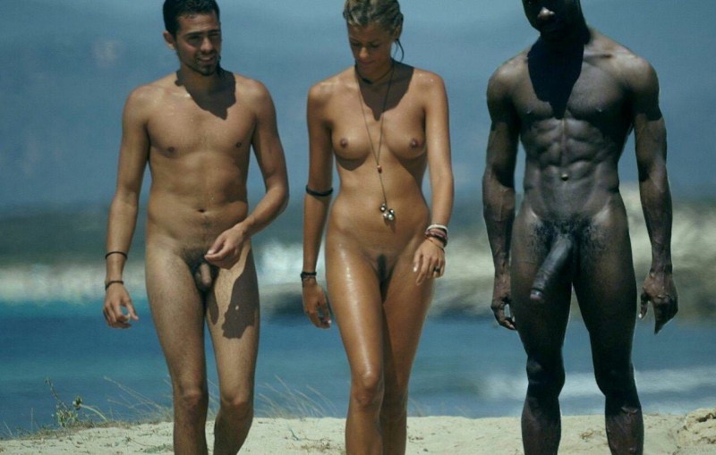Naked pairs with an erection on the beach