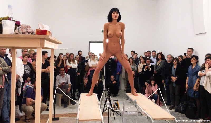 Girls undress on the catwalk