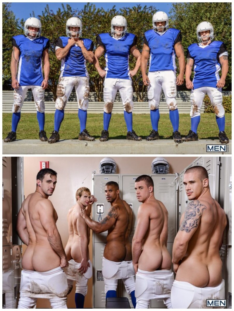 Naked football players in the locker room
