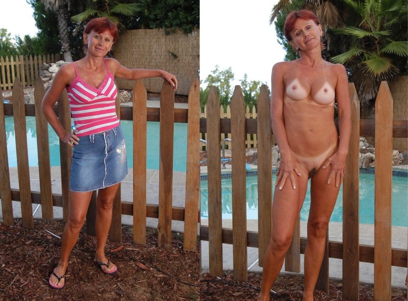 Dressed and naked elderly women