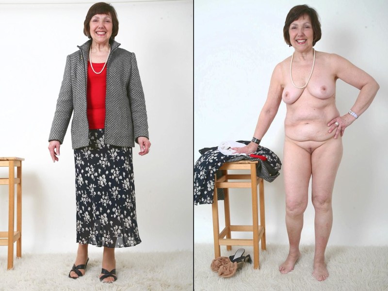 An elderly lady in clothes and without