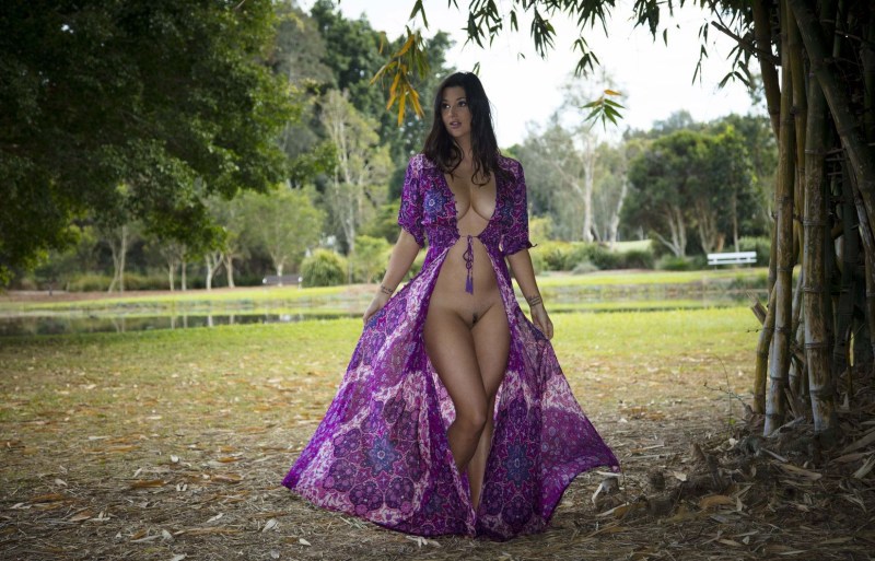 Naked in a purple dress