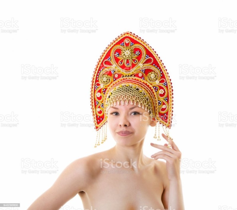 In the swimsuit and in the kokoshnik naked