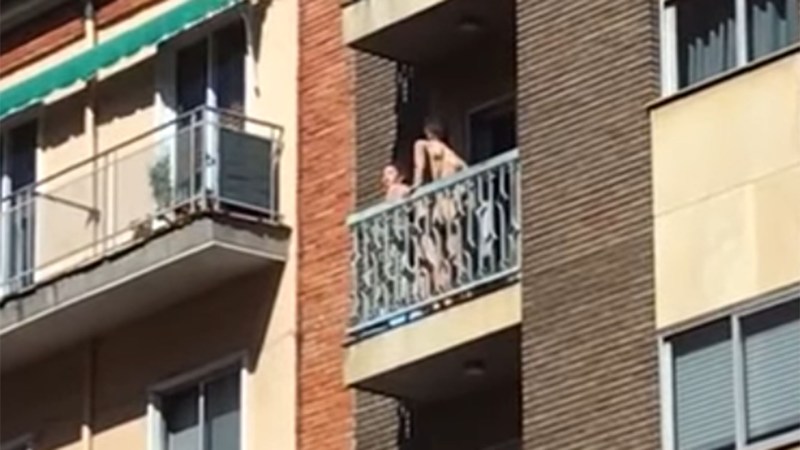 Tits climb through GIF balcony