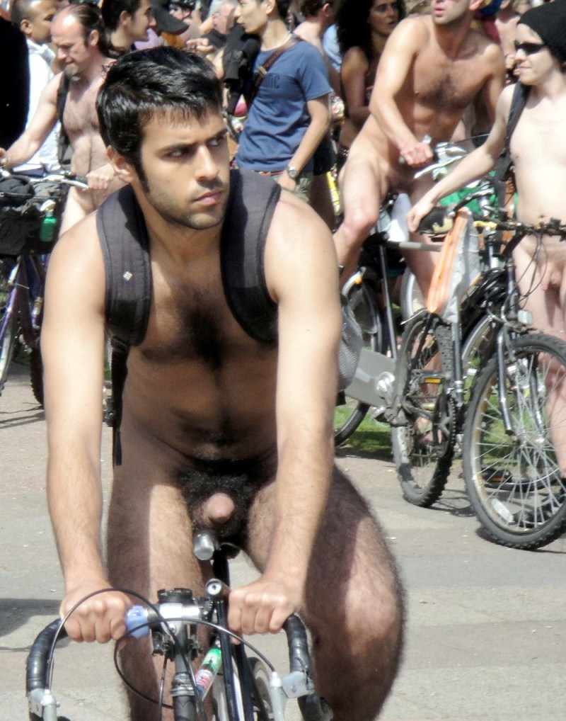 Naked man on a bicycle