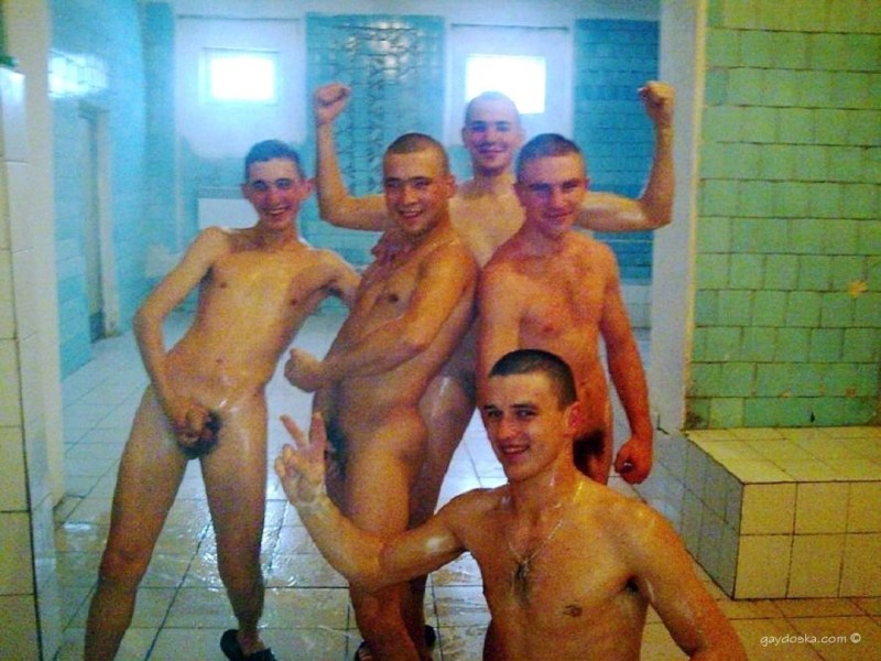 Naked guys in a soldier's bath