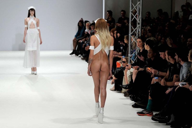 Naked fashion models on the catwalk