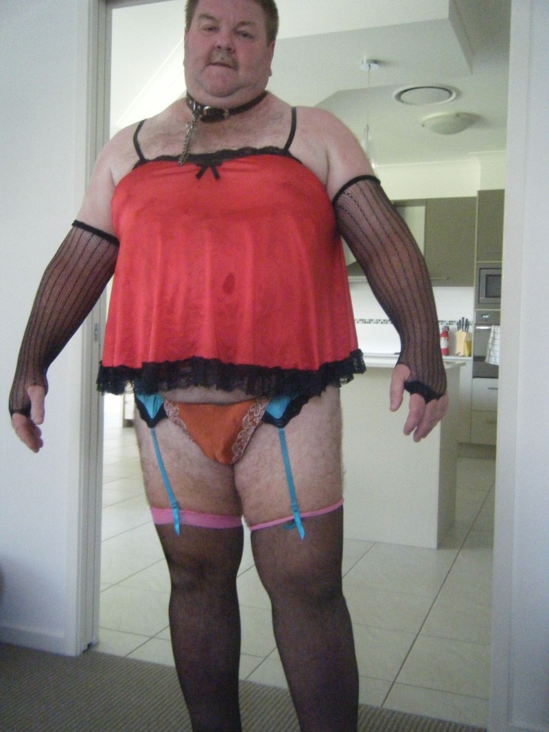 Naked elderly men in women's linen