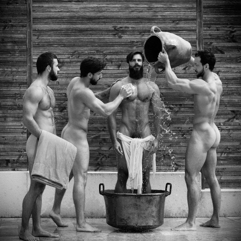 Naked guys in the retro bathhouse